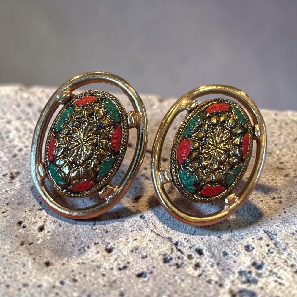 Vintage Sarah Coventry Gold Filigree Earrings Red Green Jewel Tone Clip On